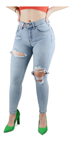 Jeans Pantalon Mezclilla Skinny Rotos Tiro Alto Dama Pkb495