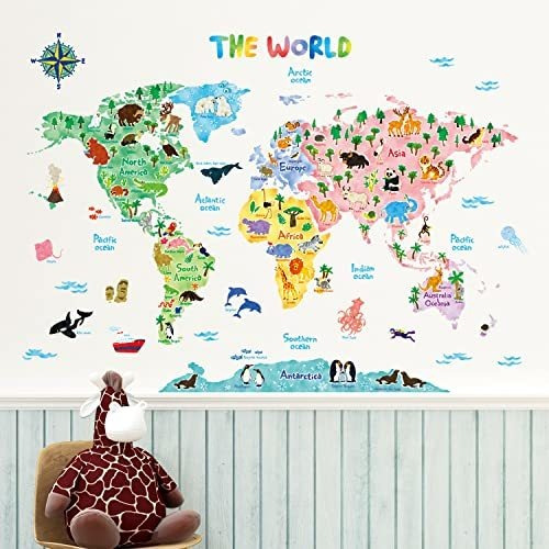 Calcomanías De Pared Mapa Mundial Animales Niños Decoración
