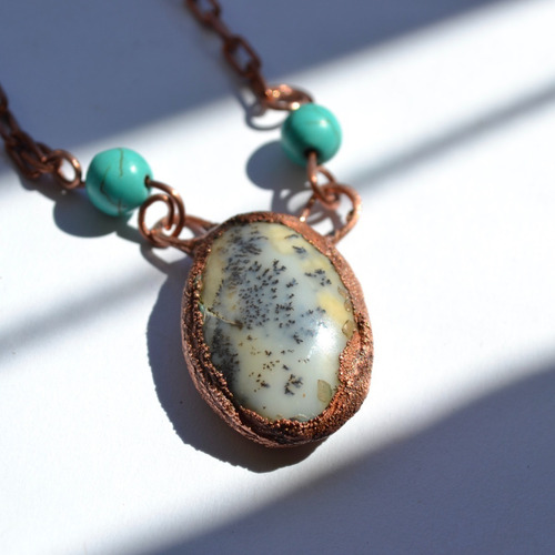 Collar Piedra Agata Y Howlitas Turquesa, Cadena Cobre, Cod1