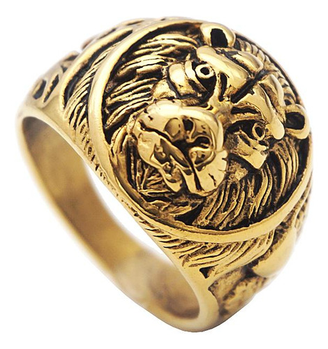 Anillo De León Dorado Vintage De Acero Inoxidable Con Cabeza