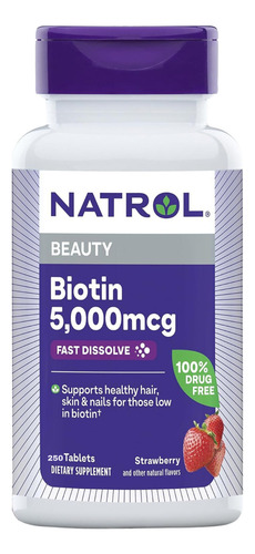 Vitamina Biotin Natrol Beauty Unhas Cabelos 5000mcg 250-tabl Sabor Morango