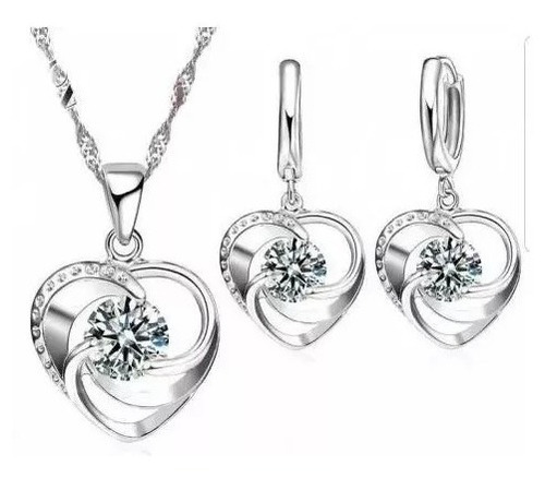 Set Collar Y Aretes Corazon Plata 925 Cristal  Swarovski