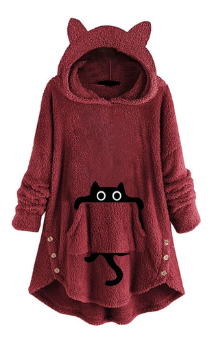 Cat Pullover Cute With Button Printed Top Hoodie Pockets
