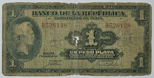 Billete 1 Peso Certificado Plata 01/ene/1941 Colombia Good