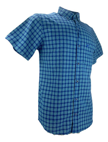 Camisa Para Homem Slim Xadrez Azul Manga Curta 100% Algodão