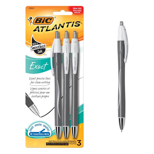 3 X Bic Atlantis Retractable Ball Pen, Fine Point (0.7mm)