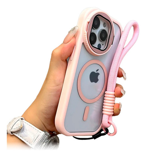 Funda Con Soporte Y Pulsera Para Iphone 16 Pro Cubre Cámara Rosa