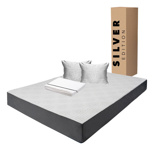 Colchón Queen Size En Caja 20 Cm + Juego Sábanas Y Almohada Blanco Y Gris