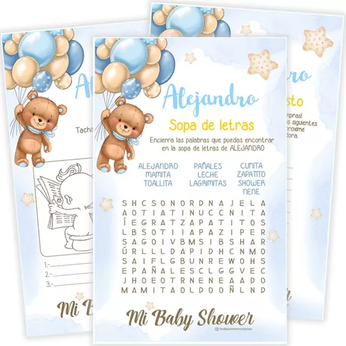 Juegos de baby shower para imprimir. Sopa de letras. Ordena 