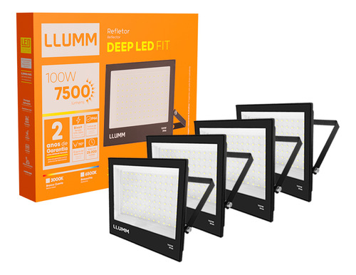 Kit 4 Un Refletor Deep Fit Led 100w 6500k Branco-frio Ip66 A Prova D'água Bivolt Llumm