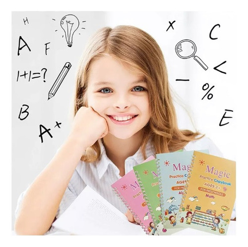 Set 4 Cuadernos Magicos Caligrafía Niños Lapicero Mágico
