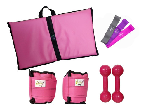 Kit Colchonete + Caneleira 5kg + Halter 5kg + Mini Band Rosa