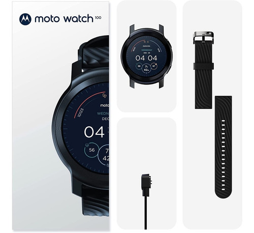 Smartwatch Motorola Moto Watch 100 1.3" caja 42mm de aluminio glacier silver, malla negra de silicona y bisel glacier silver