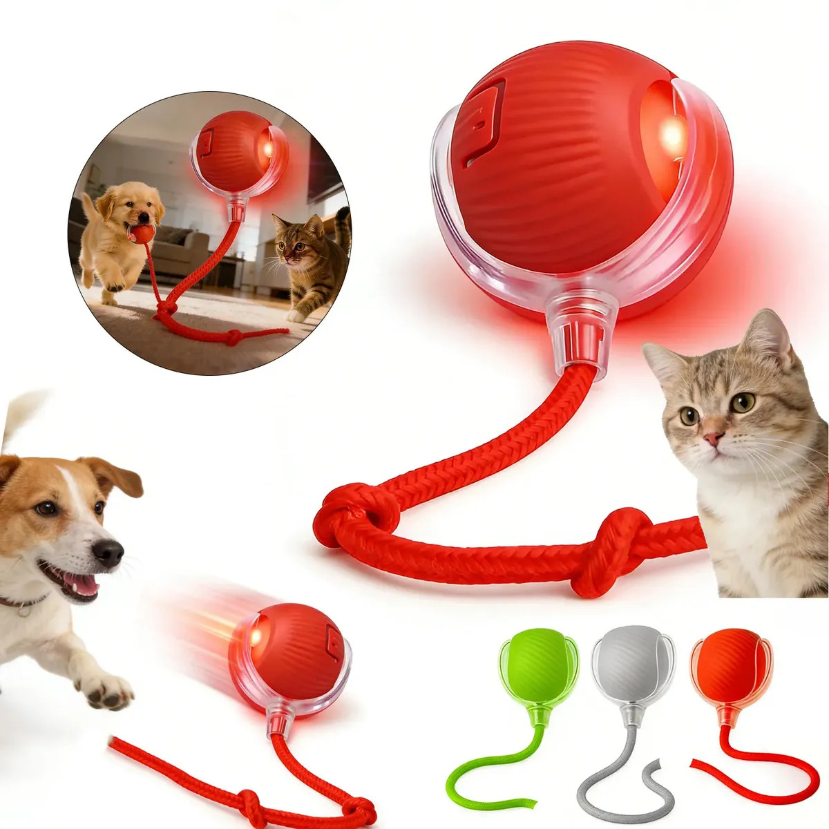 Pelota interactiva inteligente para mascotas, giratoria, recargable por USB, ideal para perros y gatos.