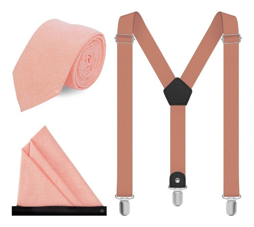 Kit Corbata Tirantes Y Pañuelo Casual Con Piel - Grin Accs Color Salmon Diseño De La Tela Jaspeado