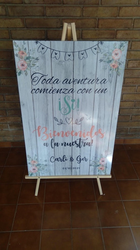 Imagen 2 de 8 de Cartel Bodas De Madera 70 X 50 Cm Con Atril Incluido