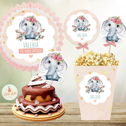 Kit Imprimible Elefante Flores Rosa + Banner, Personalizado