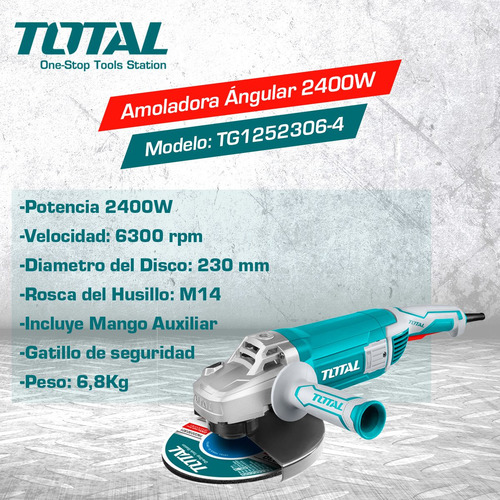 Imagen 3 de 7 de Amoladora Angular 2400w Para Disco De 230mm Total