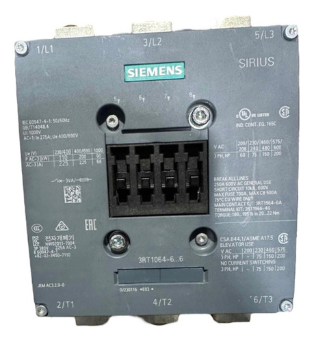 Contactor Siemens 275a 110-127v 3rt1064-6 Bobina 110v Sirius