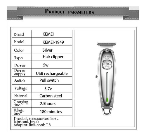 Patillera Trimmer Recargable Kemei 70 Años Km-1949