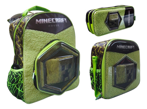 Kit Mochila Lonchera Lapicera Minecraft Movie Creeper Ruz Verde 3d Afelpado