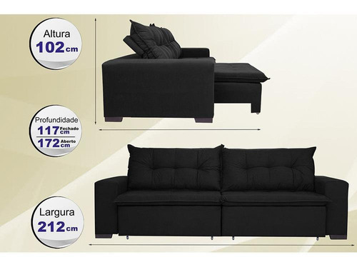 Sofá Austrália 2,12 Mts Retrátil, Reclinável Com Molas e Pillow no Assento Tecido Suede Preto Cama InBox