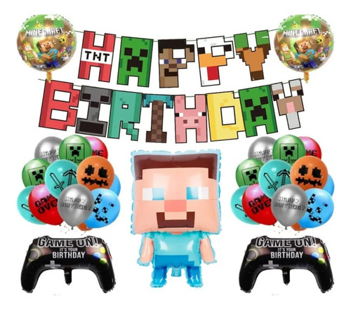 Set Decoración Globos + Banderín Minecraft Para Cumpleaños 