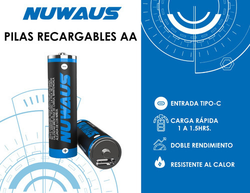Nuwaus NUBAT002 pilas recargables con 2 pilas aa carga rapida tipo c