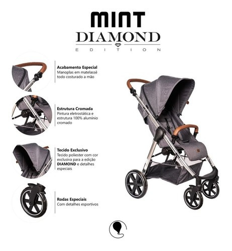 Cochecito de bebé Mint Asphalt Diamond Abc Desing, color gris, chasis, color cromo