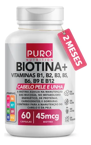 Biotina + Puro Nutrition Pele, Cabelo E Unhas, 45 Mcg De Biotina ...