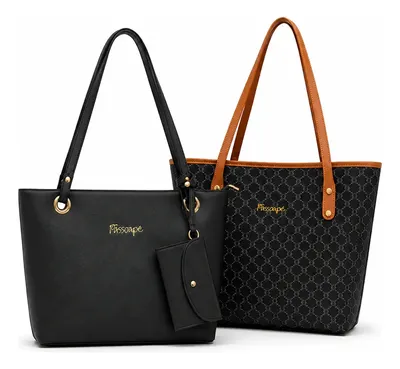 Kit 2 Bolsas Passoapé Shopper Com Cateira + Ombro Monograma Preto Lisa E Monograma Níquel Cor Da Bolsa