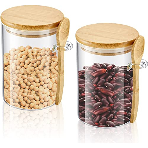 Set Of 2 Airtight Glass Jars With Bamboo Lids And Spoon...