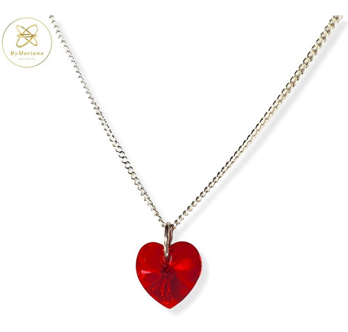 Imagen 3 de 7 de Cadena Plata Con Dije Corazon Cristal Swa Rojo 10 X 10mm