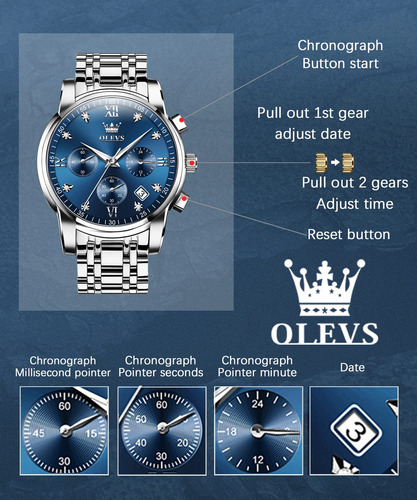 Reloj Olevs Impermeable Para Hombre Con Esfera Azul Plateada