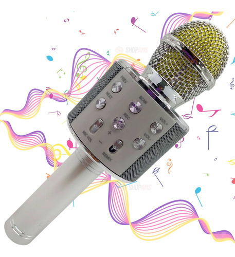 Micrófono Bluetooth para karaoke que cambia la voz, caja de sonido, luz LED plateada