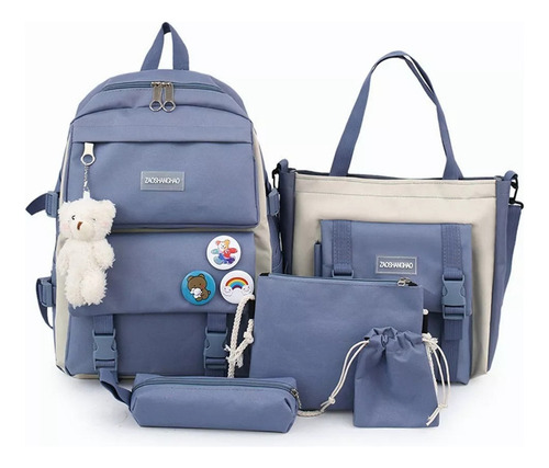 Conjunto de 5 mochilas, mochilas escolares, estudante, caneta, sacola, lona, cor azul