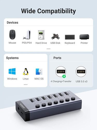 Hub Usb 3.0 De 7 Puertos Interruptores Individuales Ugreen