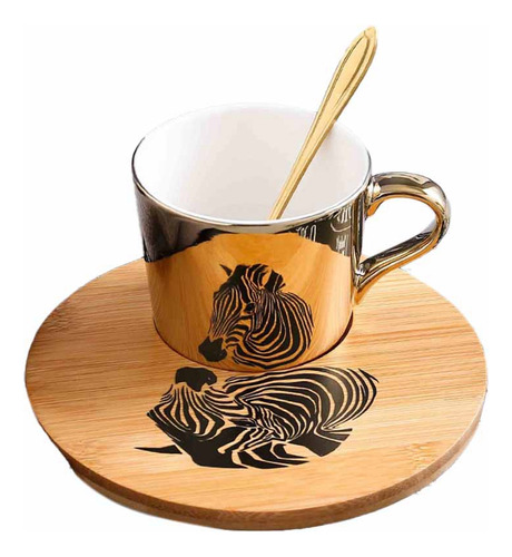 Taza De Café Golden Mirror Reflection Y Platillo De Madera B