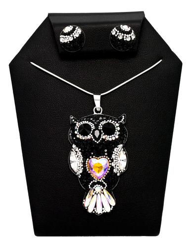 Juego De Aretes Y Dije De Plata .925 Modelo Búho Negro