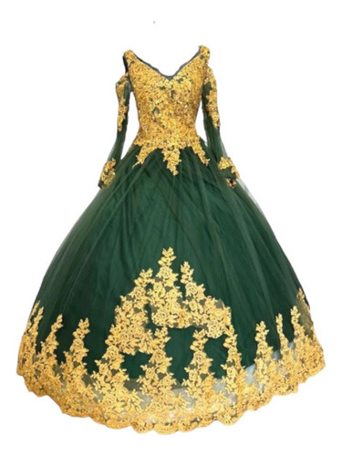 Vestido De Xv Años Verde Con Dorado V1