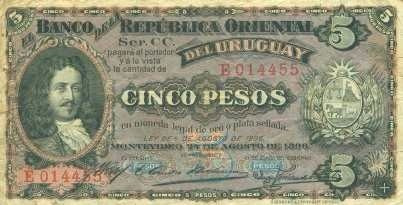 Billete De Uruguay $5 Año 1896 Anverso - Lámina 45x30 Cm.