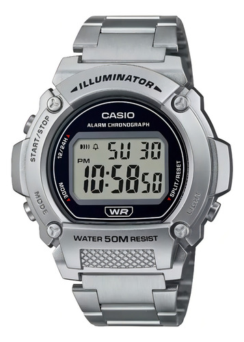 Relógio digital Casio original W-219HD-1AV, cor da pulseira: prata, moldura, cor prata