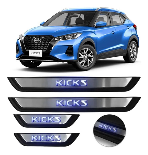 Kit Soleira De Porta Nissan Kicks Aço Inox Escovado Com Led