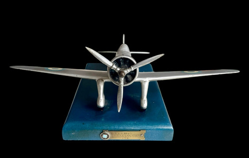 Antiguo Avión Aluminio Base De Madera Escultura/pisapapeles (Usado)