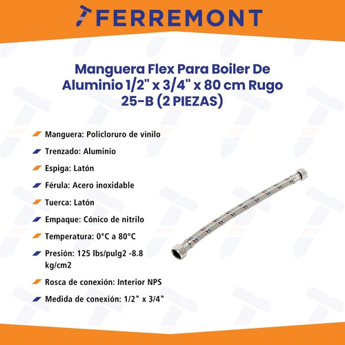Manguera Flex P/boiler D/alum 1/2x3/4x80cm Rugo 25-b (2pzas)