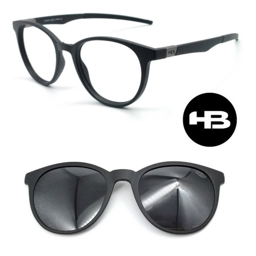 Armação De Grau Oculos Preto Redondo Hb 010253 Com 1 Clipon