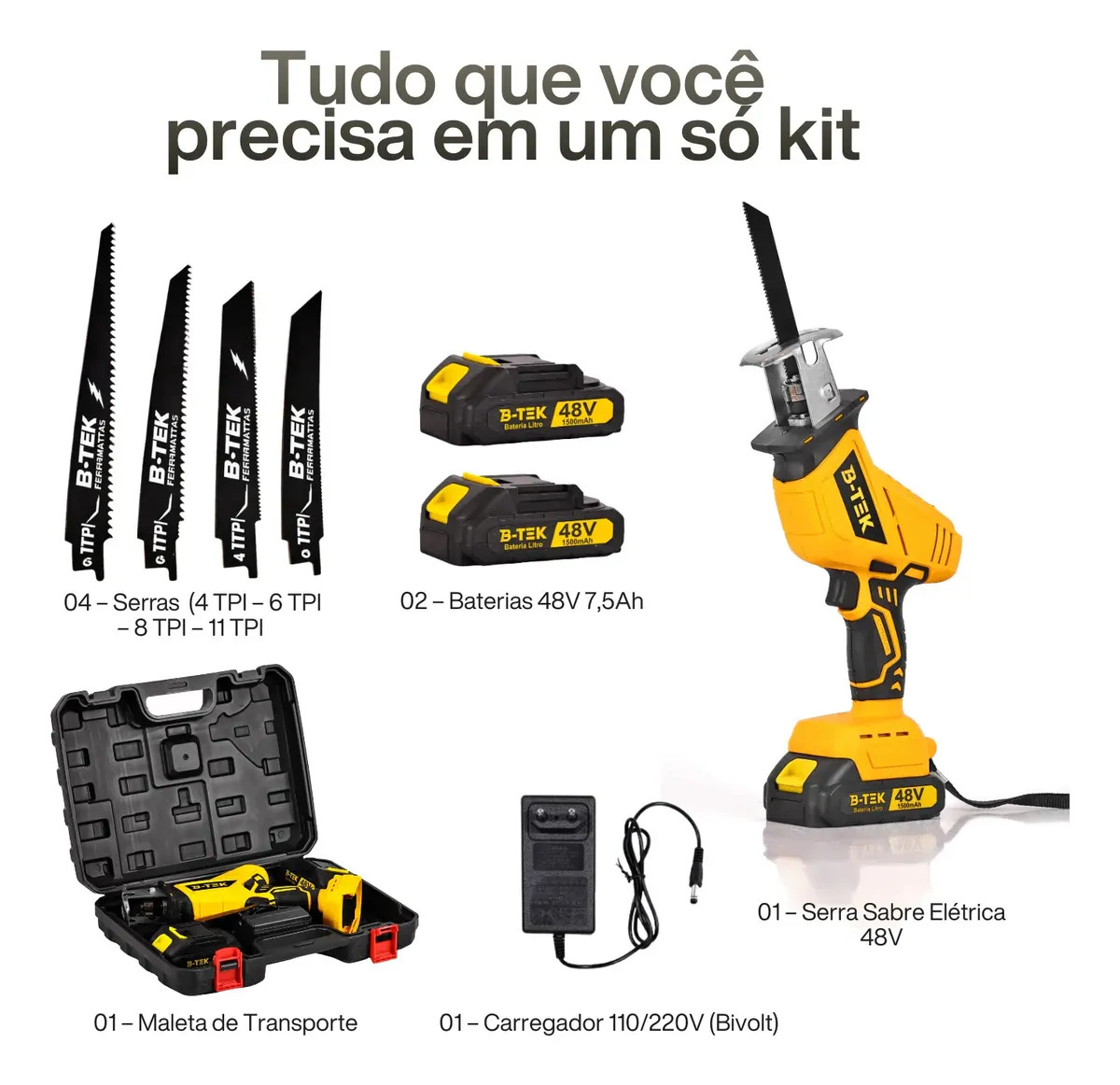 Serra Sabre Elétrica Cortar Carne Osso Açougue Açougueiro 48v 1500w B-Tek DZ-39 Abrir Boi Portátil 2 Baterias Bivolt 110/220v Serra Para Cortar Osso Frigorífico Profissional Maleta