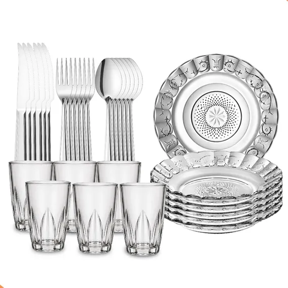 Kit Jantar 30 Peças Pratos Talheres Copos Vidro Mesa Posta Transparente Verdan