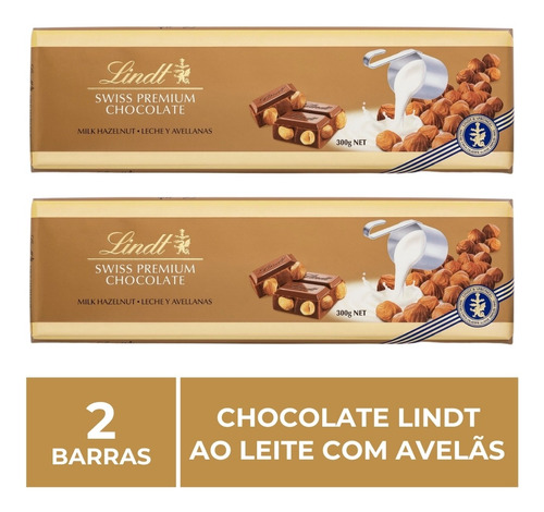 Chocolate Lindt Premium, Ao Leite C/ Avelã, 2 Barras De 300g