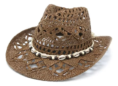 Sombrero Cowboy Calado Caracoles Vaquero Rafia Mujer Verano